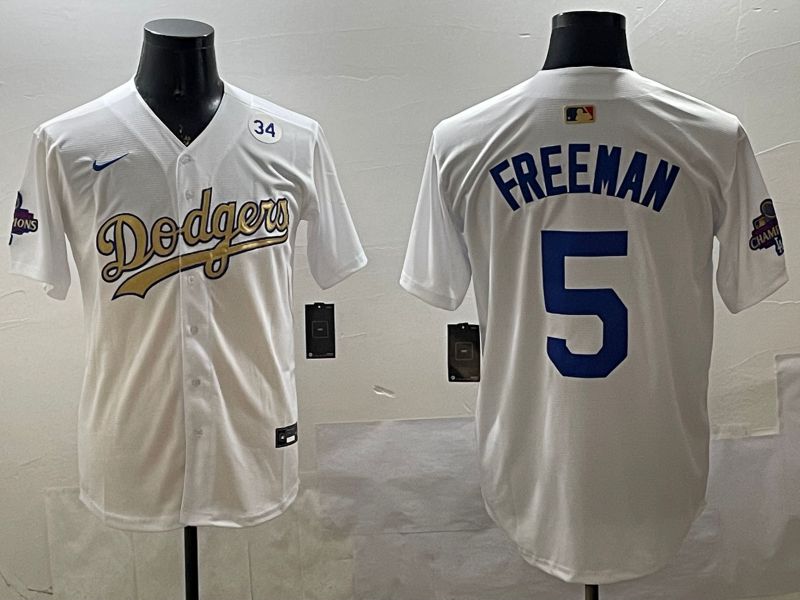 Men Los Angeles Dodgers 5 Freeman White Champion gold character 2025 Nike MLB Jersey style 33113